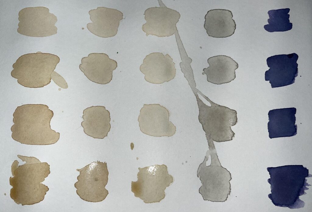 Five by four column of swatches showing different layers of painted tea.