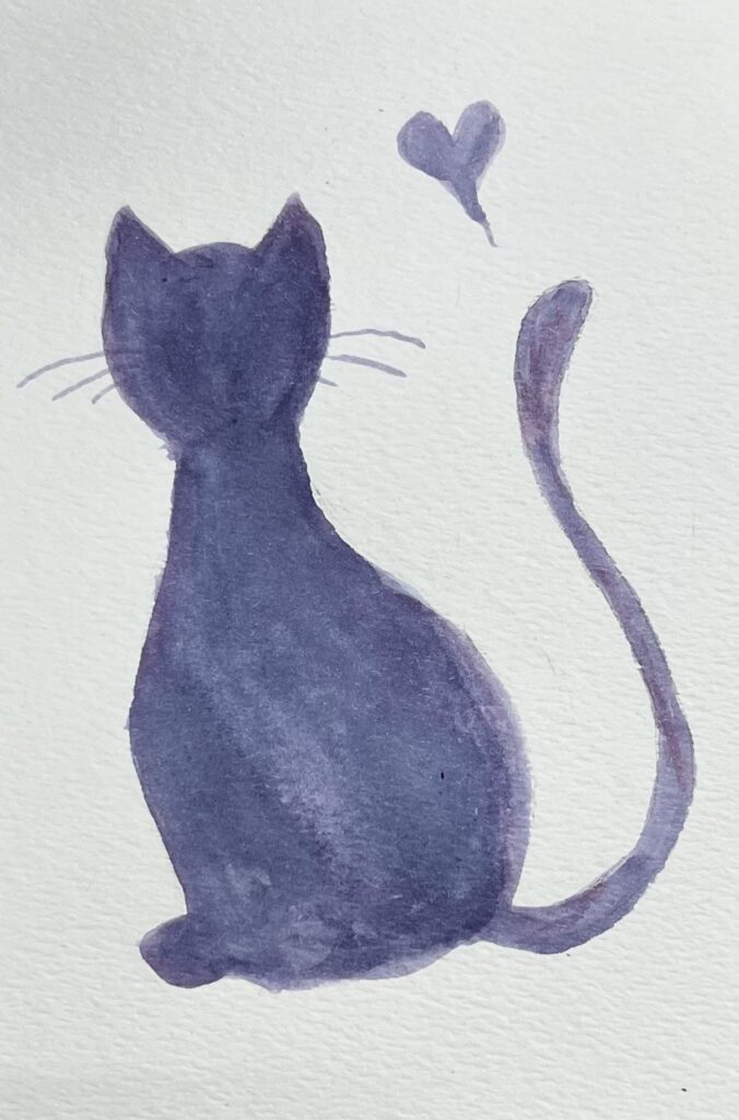 A purple silhouette of a cat with a small purple heart a the tip of its tailpainted with tea.
